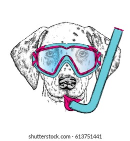 Funny Dalmatian in a mask for diving. Vector illustration for a postcard or a poster. Pedigree dog. Cute puppy.
