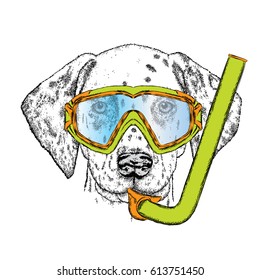 Funny Dalmatian in a mask for diving. Vector illustration for a postcard or a poster. Pedigree dog. Cute puppy.