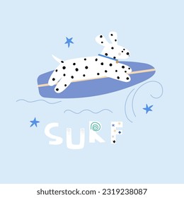 Ein lustiger Dalmatier auf einem Surfbrett. Sommerdruck. Vektorgrafik, handgezeichnet.