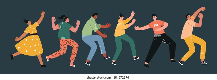 Funny dancers in different poses enjoy a dance party. Smiling young men and women at a music festival . Cute vector illustration