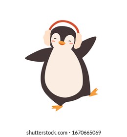Funny dancing cartoon penguin in earmuffs vector flat illustration. Adorable happy polar animal moving in warm accessory isolated on white background. Cute wild arctic character