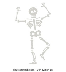 Funny dancing cartoon skeleton illustration. Hand drawn flat halloween skeleton. Halloween scary skeleton for kids party. Vector stock illustration on isolated white background.