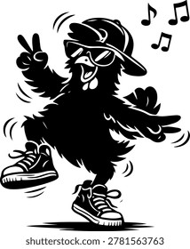 Funny dancing chicken wearing sunglasses, cap, and sneakers in a cool hip hop pose with music notes. Playful cartoon silhouette vector illustration isolated on white background. Trendy black EPS artwork perfect for t-shirt printing, stickers, posters, music themes, and stock marketplace designs.