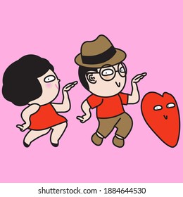 Funny Dancing Cute Couple And Red Heart. Valentine's Day Concept Card Character illustration