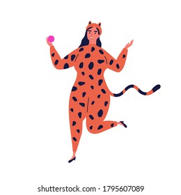 Funny dancing female character in halloween animal jumpsuit. Cat woman wearing carnival leopard costume at fancy dress party. Flat vector cartoon illustration isolated on white background