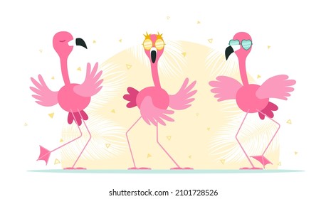 Funny dancing flamingos in sunglasses. 