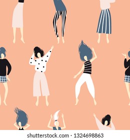 Funny dancing girls seamless pattern.  Colorful happy people characters. Cute vector texture in flat cartoon style for textile, paper, fabric. Female party dancers