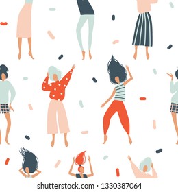 Funny dancing girls seamless pattern.  Colorful happy people characters. Cute vector texture in flat cartoon style for textile, paper, fabric. Female party dancers