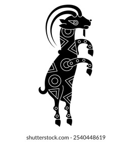 Funny dancing goat. Ancient Iranian folk animal design from Sogdia or Sogdiana. Black and white silhouette.