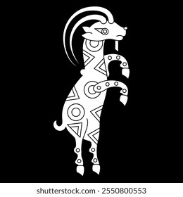 Funny dancing goat. Ancient Iranian folk animal design from Sogdia or Sogdiana. Black and white silhouette.