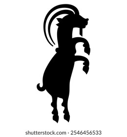 Funny dancing goat standing on hind legs. Ancient Iranian folk animal design from Sogdia or Sogdiana. Black silhouette on white background.