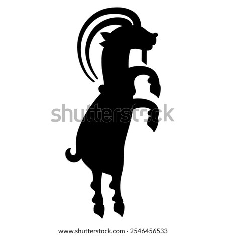 Funny dancing goat standing on hind legs. Ancient Iranian folk animal design from Sogdia or Sogdiana. Black silhouette on white background.