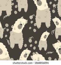 Funny dancing llama. Seamless background with cute animals. Decorative wallpaper for the nursery in the Scandinavian style. Vector. Suitable for children's clothing, interior design, packaging.