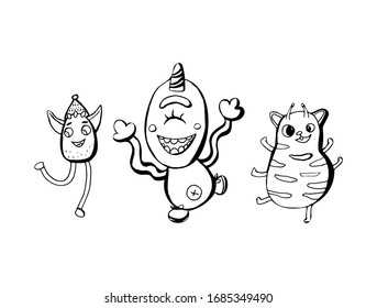 Funny dancing monsters. Kids doodle characters. Black outline on a white background. For children's prints, cards, posters, birthday.