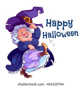 Funny dancing old witch. Design element for Halloween card. Vector illustration on a white background.