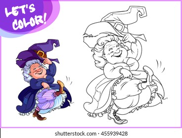 Funny dancing old witch. Page for coloring book. Vector illustration isolated on a white background.