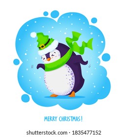 Funny dancing penguin in an elven hat and green scarf. Merry Christmas greetings. Vector illustration in cartoon style. Great for print, decor and web design. 