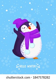 Funny dancing penguin in a knitted hat and scarf. Blue blackground with snowflakes and stars. Vector illustration with text Hello winter.