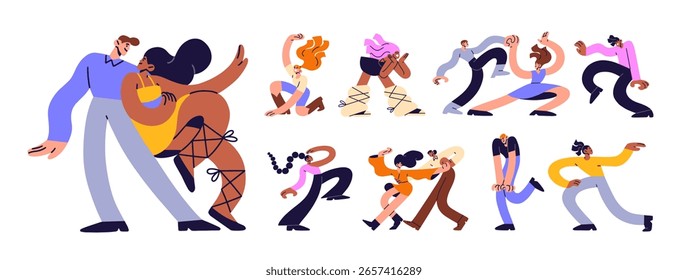 Funny dancing people set. Happy men and women enjoy the disco. Diverse characters move to music together or alone. Dancers perform, have fun at the party. Flat isolated vector illustrations on white
