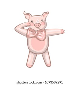 funny dancing pig with a bow around his neck