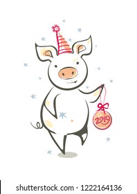 Funny dancing pig and Christmas ball. Colorful vector illustration in sketch style. New 2019 Chinese year of the pig. Festive cartoon pig.