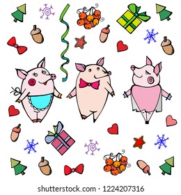 Funny dancing pigs, in cartoon style. Christmas background on a white background. Vector graphics.