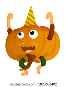 funny dancing pumpkin party boy. Thanksgiving autumn harvest. Autumn Halloween pumpkins. Edible plants. Isolated vector on white background in cartoon style