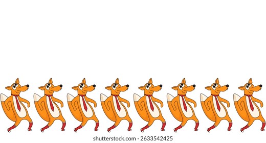 Funny dancing red fox Frame with Empty space for text. Vector illustration of animal Frame. Perfect dress bottom decor template design. EPS 10