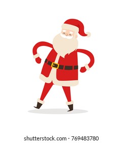 Funny dancing Santa Claus icon isolated on white background. Vector illustration with Santa in traditional red costume and hat with fluffy bubo