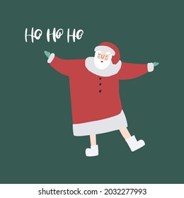 Graciosa danza de Santa Claus ilustración de mano. Texto escrito a mano: ho ho ho ho. Nochebuena, tarjeta postal, cartel, cartel, impresión de Año Nuevo