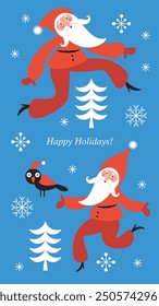 Funny dancing Santa Clauses, Christmas Card, illustration for party invitation. Merry Christmas and Happy New Year card