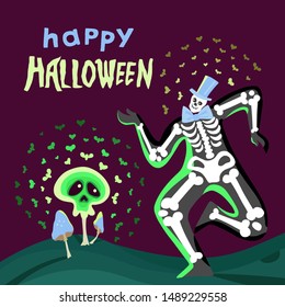 Funny dancing skeleton with lettering. Halloween greeting card, costume party. Hand drawn flat vector character