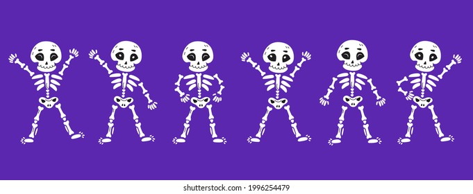 Funny dancing skeletons in cartoon hand-drawn style. Day of Dead, Halloween concept vector illustration.