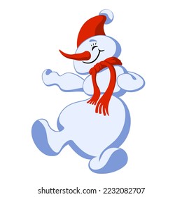 Funny Dancing Snowman. Cartoon character. Vector clipart isolated on white.