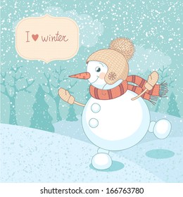Funny dancing snowman. Vector illustration.