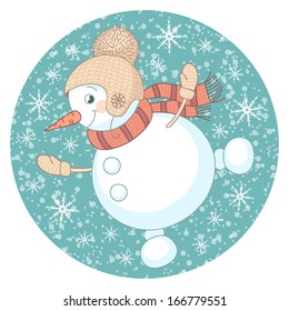 Funny dancing snowman. Vector illustration.