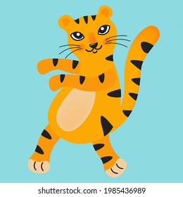 Divertido tigre bailando. Animales salvajes adorables. Animado personaje de caricatura. El símbolo de 2022. Un baile tigre. Ilustración vectorial para calendario, postal, afiche, tela de bebé.