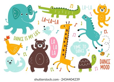 Funny dancing wild animals vector illustration. Zoo, forest, water creature cartoon character moving at music having fun. Bear, hen, crocodile, giraffe, elephant, fur seal performing artistic show set