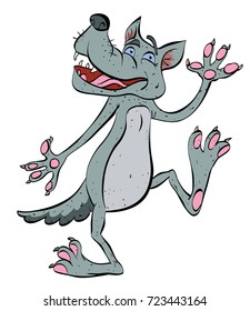 Funny dancing wolf cartoon image. Artistic freehand drawing.