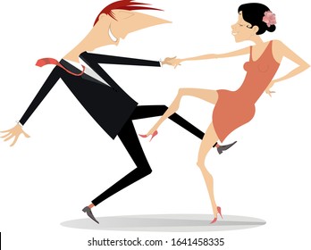 Funny dancing young couple isolated. Romantic dancing man and woman cartoon illustration
