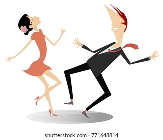 Funny dancing young couple isolated. Romantic dancing man and woman cartoon illustration
