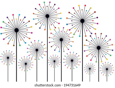 funny dandelions silhouettes with colorful dots