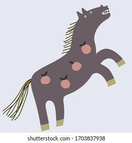 Funny  Dapple-violet horse standing on its hind legs on the blue background. Cute vector cartoon childish illustration. 