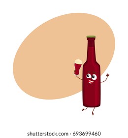 Funny dark beer bottle character with smiling human face holding glass, cartoon vector illustration with space for text. Cute and funny lager beer mug character, mascot with croutons