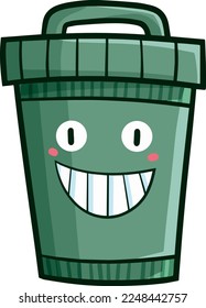 Funny dark green trash can cartoon character smiling happily