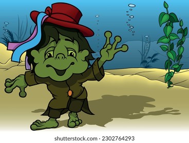 Funny Dark Green Waterman with Red Hat and Colorful Ribbons - Colored Cartoon Illustration with Background, Vector