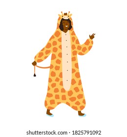 Funny dark skin woman in giraffe kigurumi at theme party vector flat illustration. Smiling female posing in cute animal costume isolated on white. Happy person wearing comfy homewear or nightwear