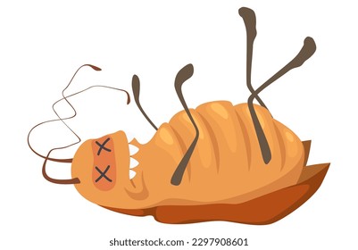 Funny dead cockroach character isolated on white background. Cartoon roach pest wiggling paws lying on back vector illustration. Creepy harmful insect