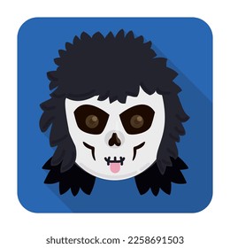 Funny Death character face with tongue out, ready for the Barranquilla's Carnival. Design in square button in flat style and long shadow.