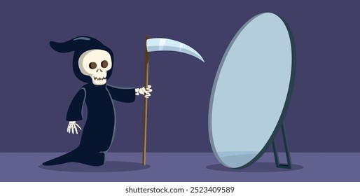 
Funny Death Character Looking in the Mirror Vector Cartoon. Mysterious creature in dark humor conceptual illustration
